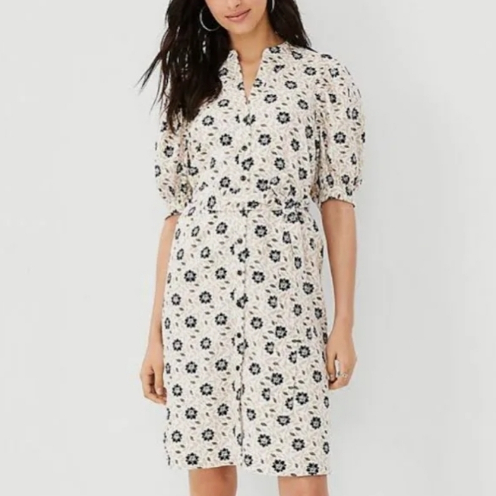 Ann Taylor Floral Linen Blend Puff Shirt-Dress
